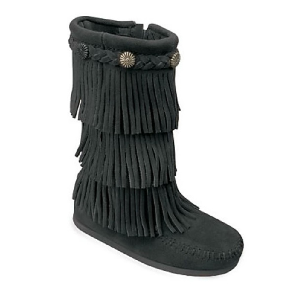 Minnetonka Kids Tall Zip 3-Layer Fringe Boots Size 2 EUC